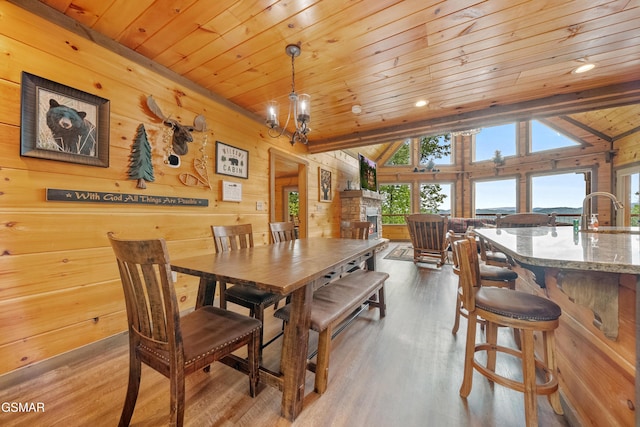 dining space with lofted ceiling, wood walls, wooden ceiling, and wood finished floors