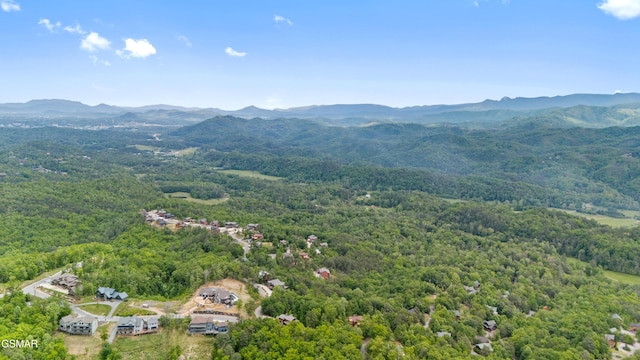 drone / aerial view featuring a mountain view and a forest view