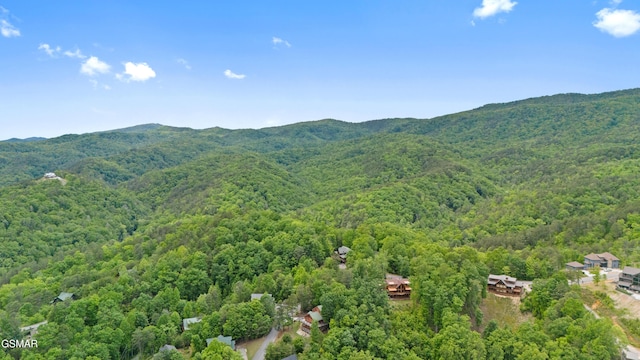 aerial view featuring a forest view and a mountain view
