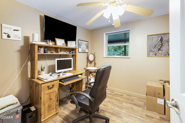 home office with ceiling fan and light wood-type flooring