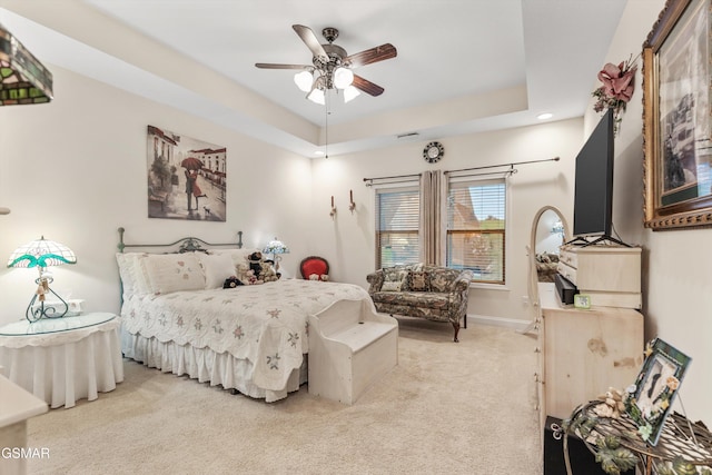 2159 Frewin Ct, Sevierville, TN 37876 - bedroom featuring light colored carpet, recessed lighting, a raised ceiling, and a ceiling fan