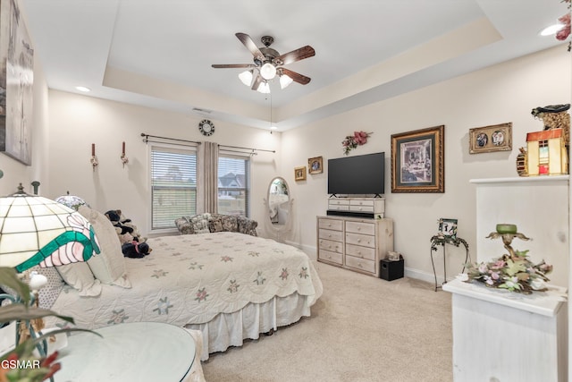 2159 Frewin Ct, Sevierville, TN 37876 - carpeted bedroom featuring a raised ceiling, recessed lighting, and a ceiling fan