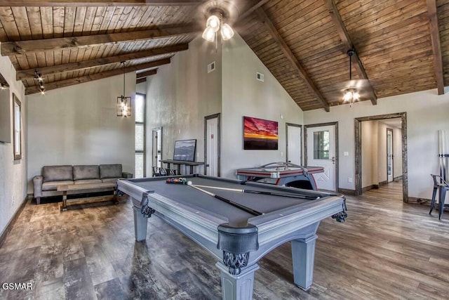 rec room with baseboards, beamed ceiling, wood finished floors, and wooden ceiling