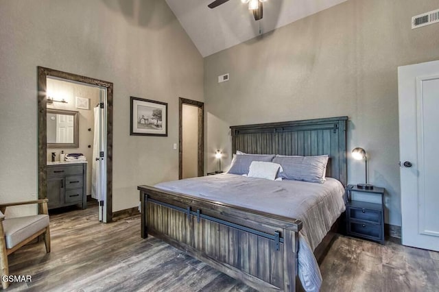 bedroom featuring high vaulted ceiling, visible vents, baseboards, wood finished floors, and a ceiling fan
