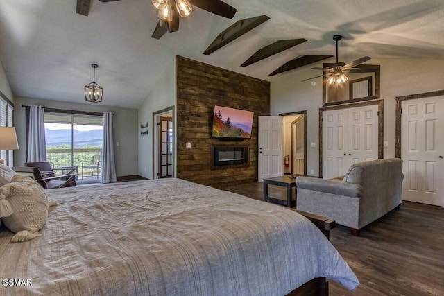 bedroom with dark wood finished floors, a ceiling fan, high vaulted ceiling, and access to outside