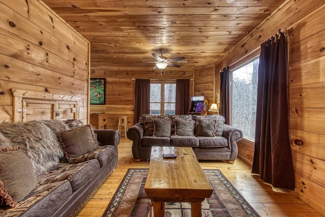 living room featuring wood walls, wooden ceiling, and light hardwood / wood-style flooring