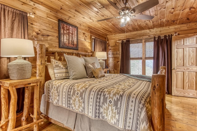 bedroom featuring ceiling fan, wood-type flooring, and wood ceiling