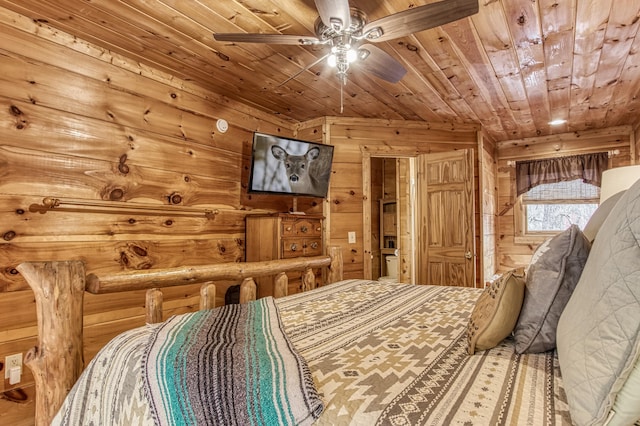 bedroom featuring rustic walls and wooden ceiling