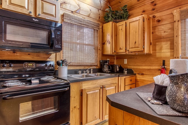 kitchen with sink, wood walls, and black appliances