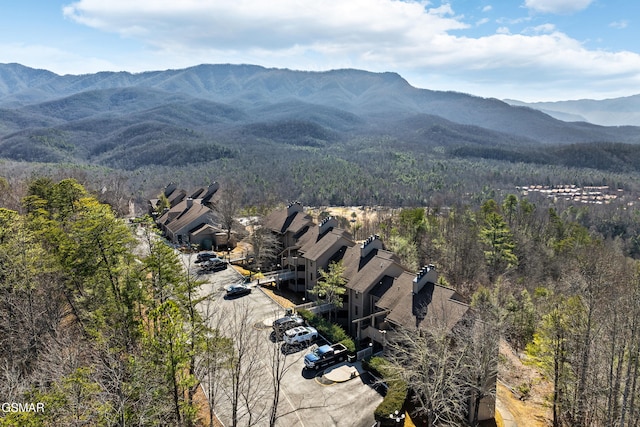 drone / aerial view with a mountain view and a view of trees