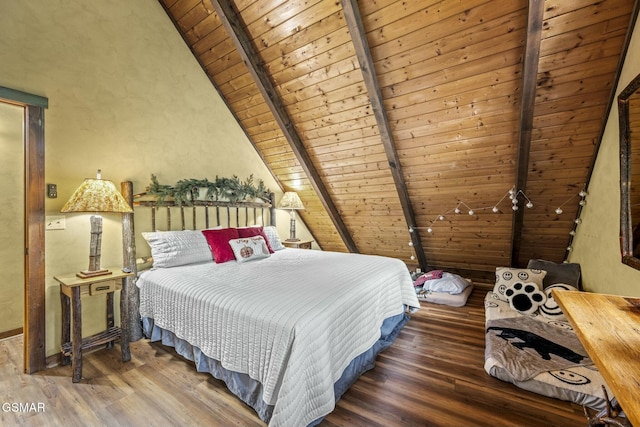 bedroom with wooden ceiling, high vaulted ceiling, beamed ceiling, and wood finished floors