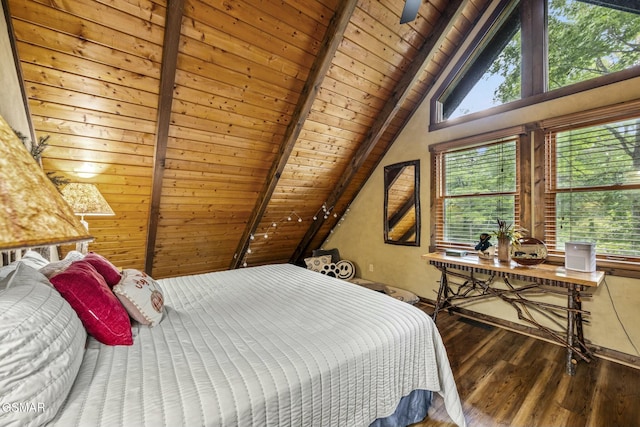 bedroom with wood ceiling, vaulted ceiling with beams, and wood finished floors