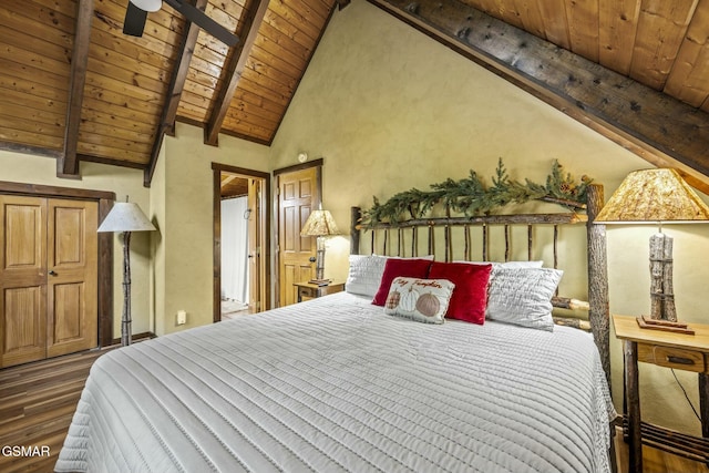 bedroom with wood ceiling, high vaulted ceiling, dark wood finished floors, and beam ceiling