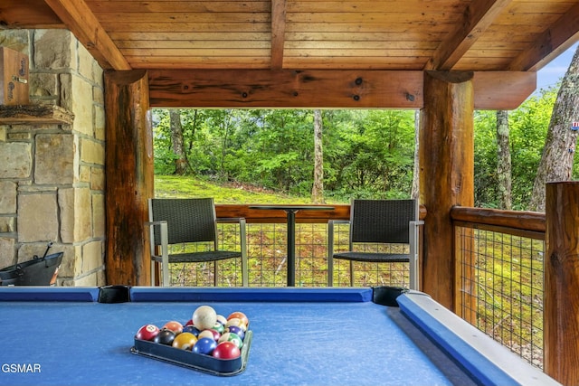 rec room with wooden ceiling, billiards, and beam ceiling