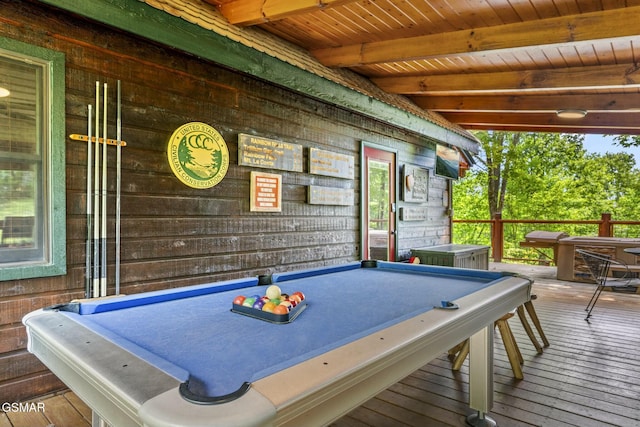 playroom featuring pool table, wood ceiling, wooden walls, wood finished floors, and beamed ceiling