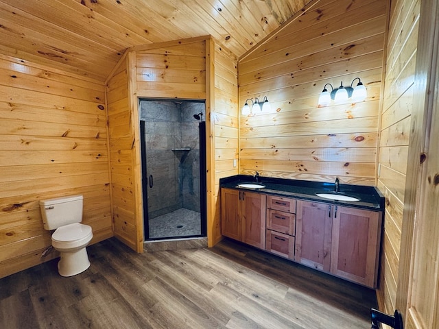 bathroom with hardwood / wood-style flooring, an enclosed shower, wooden walls, and wood ceiling