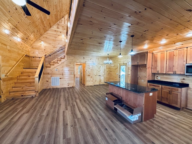 kitchen with dark hardwood / wood-style floors, hanging light fixtures, a center island, ceiling fan, and wooden ceiling