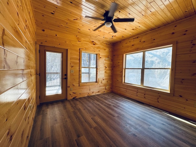 empty room featuring ceiling fan, dark hardwood / wood-style floors, wood ceiling, and wood walls