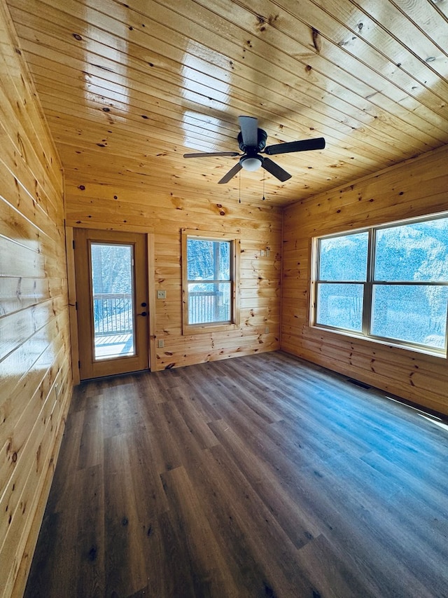 interior space with plenty of natural light, wood ceiling, dark hardwood / wood-style flooring, and wood walls