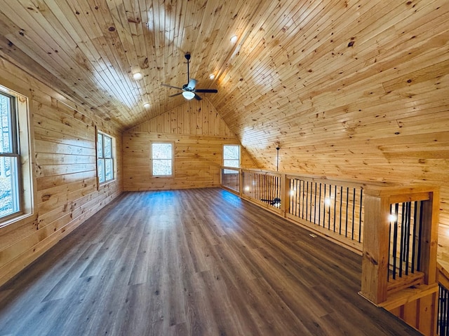 bonus room featuring lofted ceiling, wooden walls, wooden ceiling, and plenty of natural light