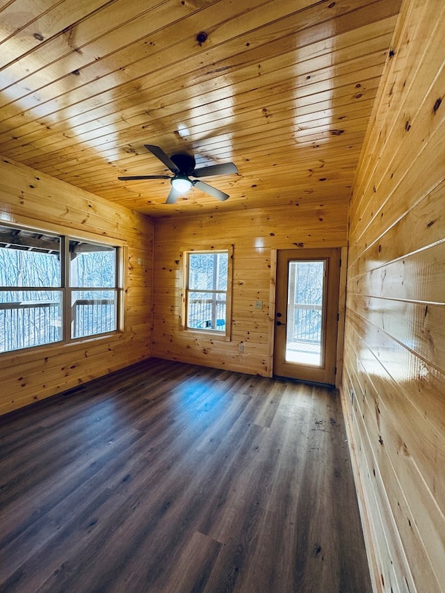 spare room featuring wood ceiling, dark wood-type flooring, and wooden walls