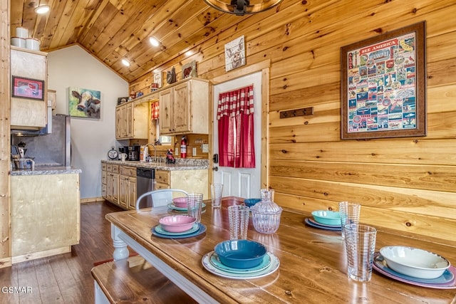 dining area with sink, dark wood-type flooring, lofted ceiling, wooden walls, and wood ceiling