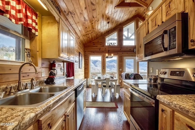 kitchen with appliances with stainless steel finishes, wood ceiling, sink, lofted ceiling, and wood walls