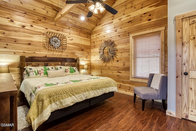 bedroom featuring ceiling fan, dark hardwood / wood-style flooring, lofted ceiling with beams, wooden walls, and wood ceiling