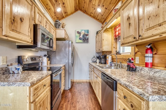 kitchen with appliances with stainless steel finishes, dark hardwood / wood-style flooring, wood ceiling, sink, and light brown cabinets