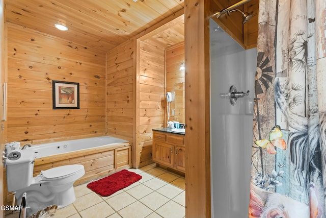 full bathroom with toilet, wood walls, wooden ceiling, vanity, and tile patterned flooring