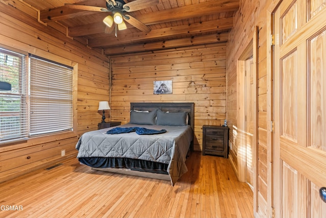 bedroom with wooden walls, beamed ceiling, ceiling fan, wood ceiling, and light hardwood / wood-style flooring