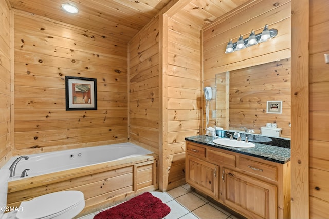 bathroom with toilet, wooden ceiling, vanity, wooden walls, and tile patterned flooring