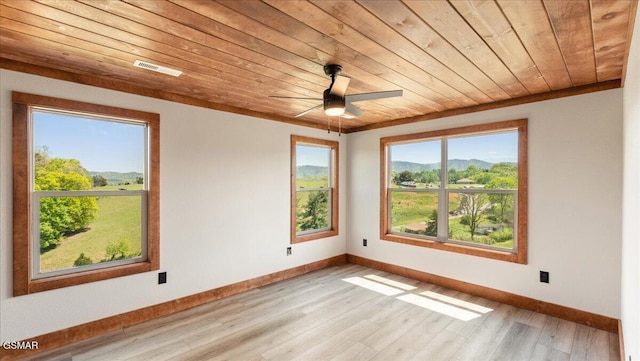 empty room featuring wooden ceiling, light wood-style flooring, baseboards, visible vents, and a ceiling fan