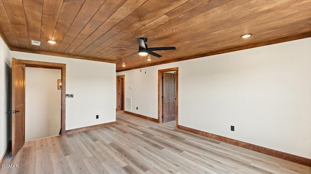 unfurnished room featuring ceiling fan, visible vents, baseboards, wooden ceiling, and light wood-type flooring