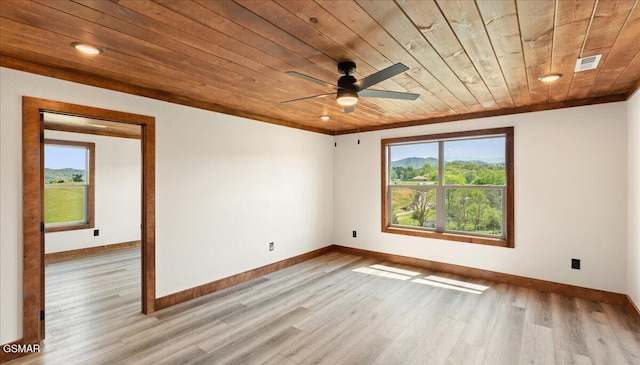 empty room featuring baseboards, wooden ceiling, and wood finished floors
