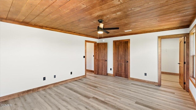 unfurnished bedroom with baseboards, wooden ceiling, a ceiling fan, and light wood-style flooring
