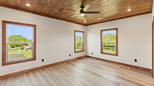 spare room with recessed lighting, wooden ceiling, light wood-style floors, visible vents, and baseboards