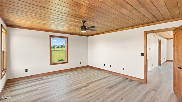 spare room with wood ceiling, light wood-style floors, ornamental molding, baseboards, and a ceiling fan