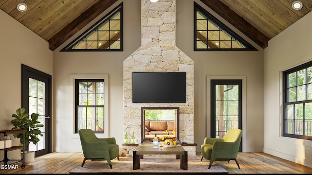 - Stepping Stone Road, Sevierville, TN 37862 - living room with hardwood / wood-style flooring, wood ceiling with exposed beams, high vaulted ceiling, and baseboards