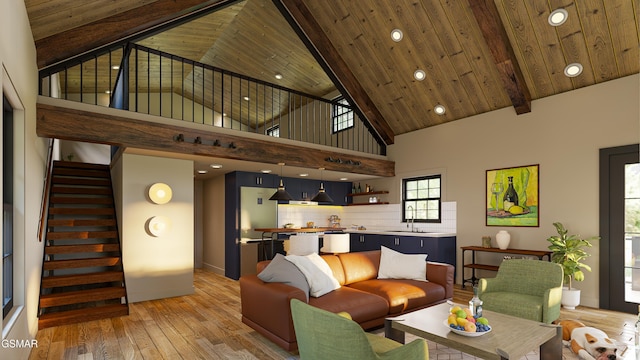 - Stepping Stone Road, Sevierville, TN 37862 - living area featuring high vaulted ceiling, baseboards, stairs, light wood-style flooring, and recessed lighting