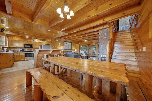 dining room featuring beam ceiling, log walls, wooden ceiling, and an inviting chandelier