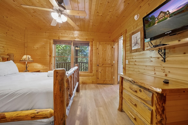 bedroom featuring wood ceiling, wooden walls, light hardwood / wood-style floors, and ceiling fan