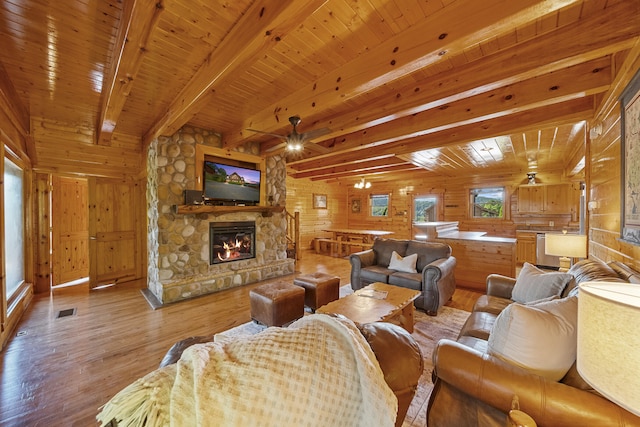 living room featuring beam ceiling, wooden walls, a fireplace, light hardwood / wood-style floors, and wooden ceiling