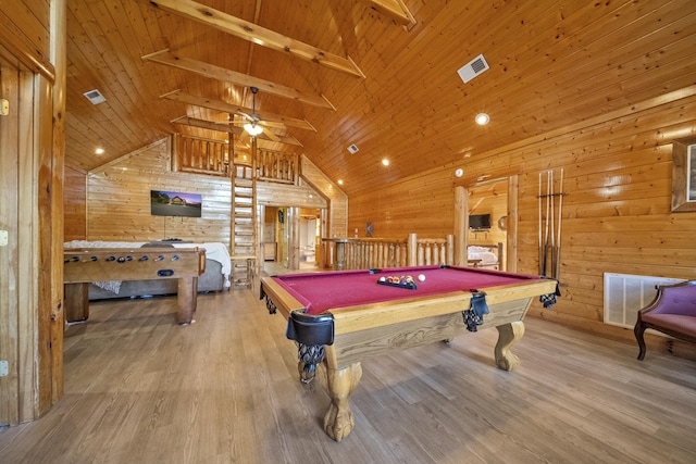 playroom featuring beam ceiling, wooden walls, wood-type flooring, pool table, and wooden ceiling