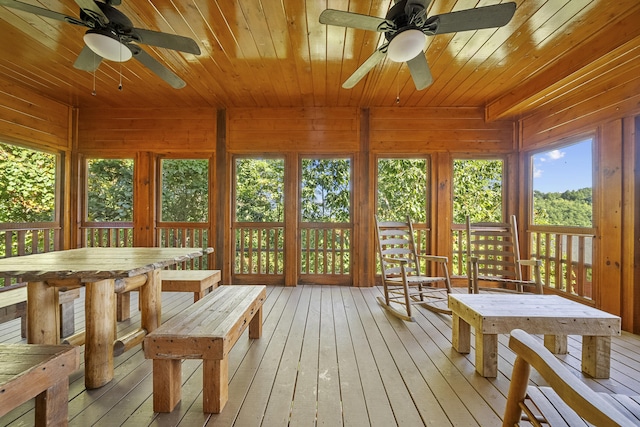 sunroom / solarium featuring wood ceiling and ceiling fan