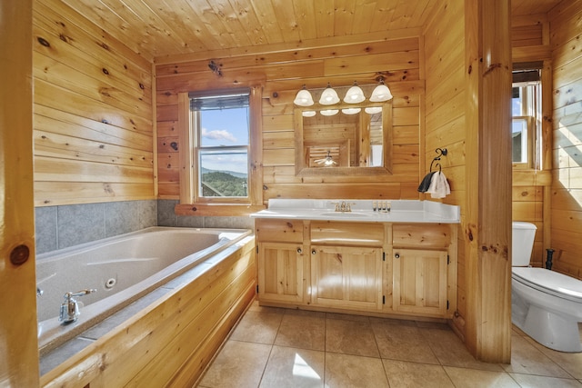 bathroom featuring wooden walls, vanity, wood ceiling, toilet, and tile patterned floors