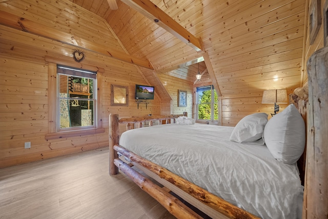 bedroom featuring lofted ceiling with beams, hardwood / wood-style flooring, wood ceiling, and wood walls