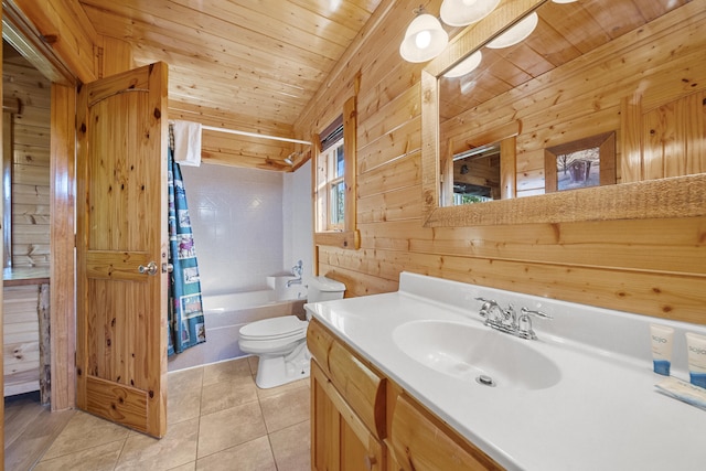 full bathroom with tile patterned flooring, shower / bathtub combination with curtain, wood ceiling, and wooden walls