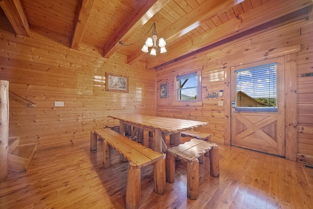 dining room featuring wood walls, a chandelier, light hardwood / wood-style flooring, wooden ceiling, and beamed ceiling