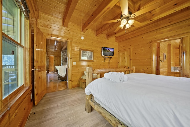 bedroom featuring wooden walls, beamed ceiling, ceiling fan, wood ceiling, and light wood-type flooring